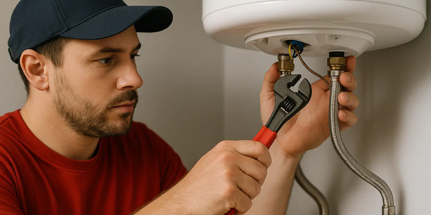 A male plumbing technician tightening a water heater connection from Plumbing Lake Travis in Austin, TX - Backflow prevention A male plumbing technician tightening a water heater connection from Plumbing Lake Travis in Austin, TX - Backflow prevention