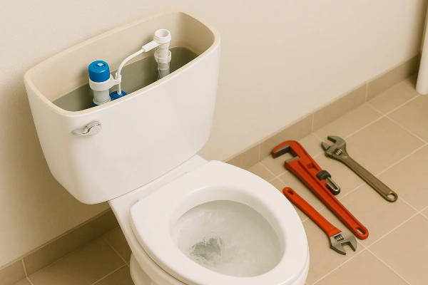 A toilet with some plumbing tools laying next to it on the floor from Plumbing Lake Travis in Austin, TX - Backflow prevention A toilet with some plumbing tools laying next to it on the floor from Plumbing Lake Travis in Austin, TX - Backflow prevention