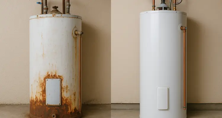 One rusted water heater next to a brand new water heater from Plumbing Lake Travis in Austin, TX - Clogged Drain Service