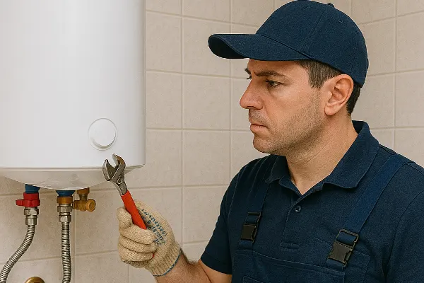 A male plumber working on a water heater hanging from the wall from Plumbing Lake Travis in Austin, TX - Clogged Drain Service A male plumber working on a water heater hanging from the wall from Plumbing Lake Travis in Austin, TX - Clogged Drain Service