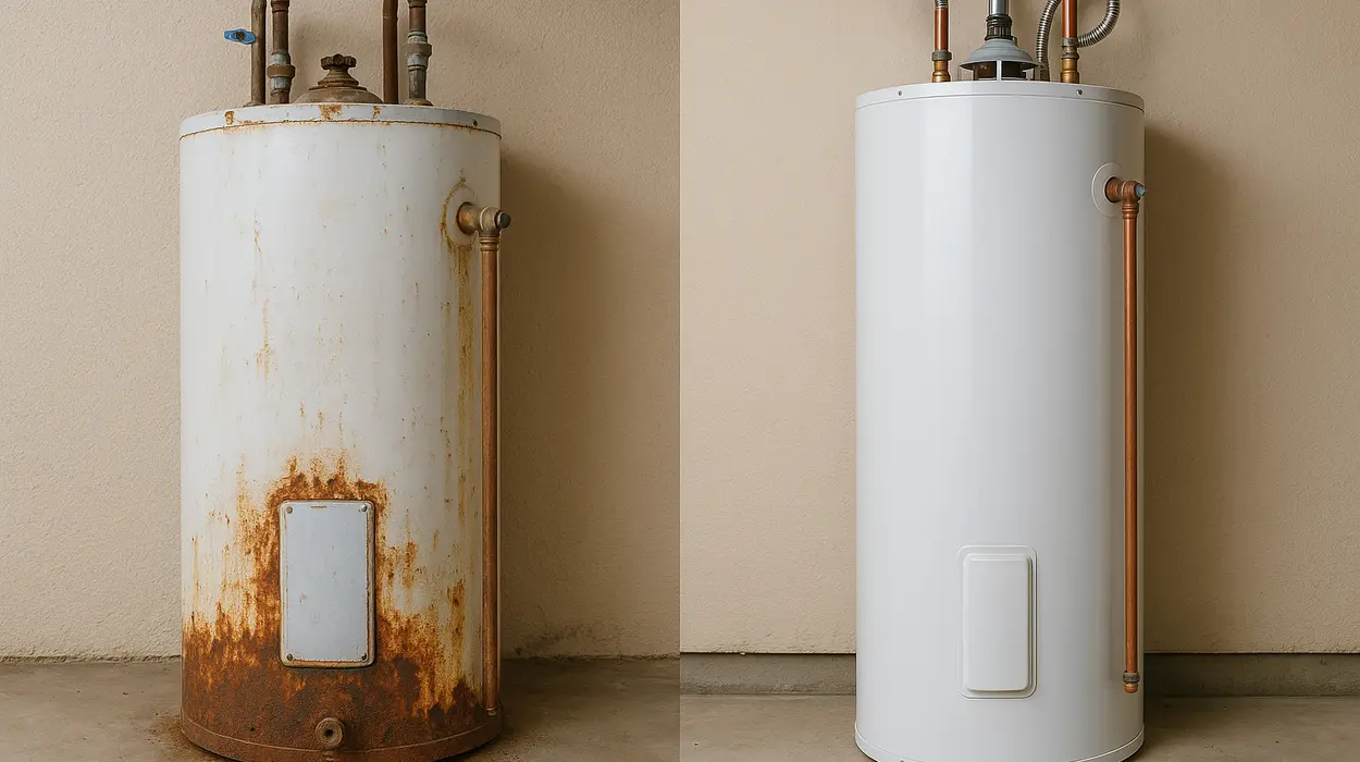 One rusted water heater next to a brand new water heater from Plumbing Lake Travis in Austin, TX - Clogged Toilet Solutions