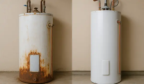 One rusted water heater next to a brand new water heater from Plumbing Lake Travis in Austin, TX - Clogged Toilet Solutions