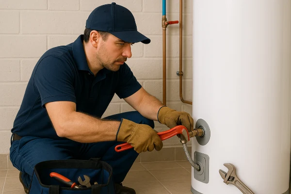 A male plumber working on a water heater connection from Plumbing Lake Travis in Austin, TX - Clogged Toilet Solutions A male plumber working on a water heater connection from Plumbing Lake Travis in Austin, TX - Clogged Toilet Solutions