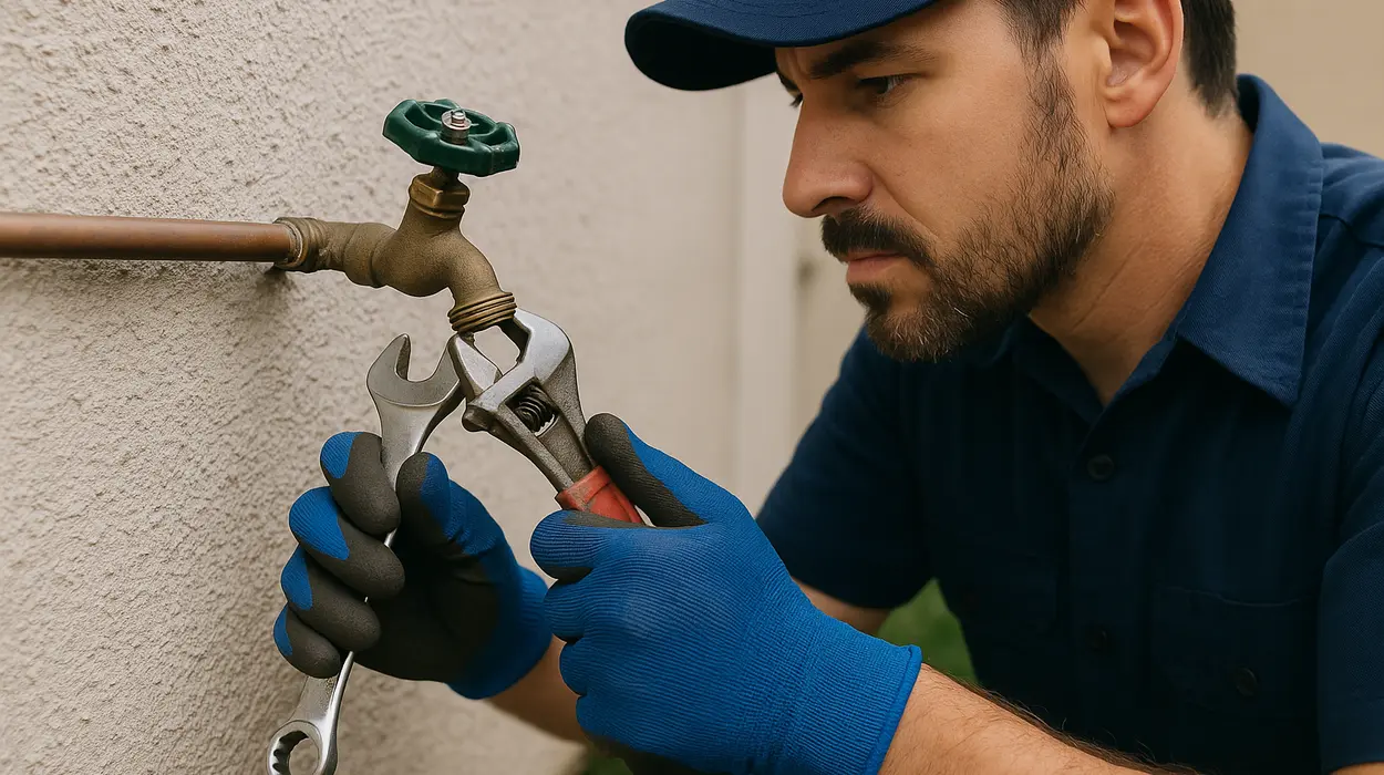 A male plumber fixing an outdoor faucet from Plumbing Lake Travis in Georgetown, TX - Georgetown TX
