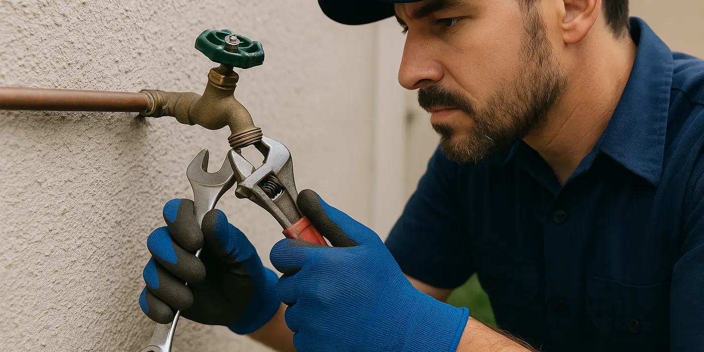 A male plumber fixing an outdoor faucet from Plumbing Lake Travis in Georgetown, TX - Georgetown TX A male plumber fixing an outdoor faucet from Plumbing Lake Travis in Georgetown, TX - Georgetown TX