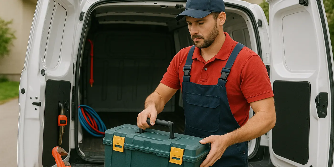 A plumbing technician putting his tool box back in his van from Plumbing Lake Travis in Austin, TX - Kitchen Sink Repair and installation A plumbing technician putting his tool box back in his van from Plumbing Lake Travis in Austin, TX - Kitchen Sink Repair and installation