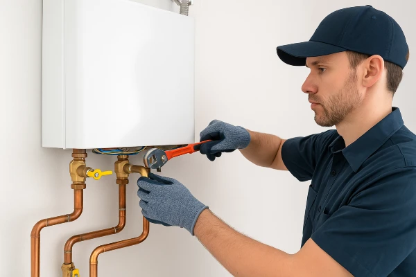A plumber working on a tankless water heater from Plumbing Lake Travis in Austin, TX - Kitchen Sink Repair and installation A plumber working on a tankless water heater from Plumbing Lake Travis in Austin, TX - Kitchen Sink Repair and installation