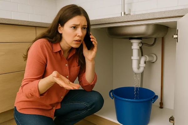 A woman on the phone with a water leak problem underneath the kitchen sink from Plumbing Lake Travis in Austin, TX - Kitchen Sink Repair and installation A woman on the phone with a water leak problem underneath the kitchen sink from Plumbing Lake Travis in Austin, TX - Kitchen Sink Repair and installation