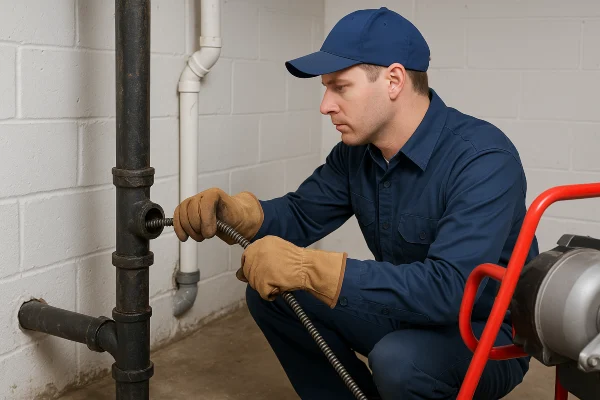 A plumber using a snake to clear a plumbing pipe from Plumbing Lake Travis in Austin, TX - Kitchen Sink Repair and installation A plumber using a snake to clear a plumbing pipe from Plumbing Lake Travis in Austin, TX - Kitchen Sink Repair and installation