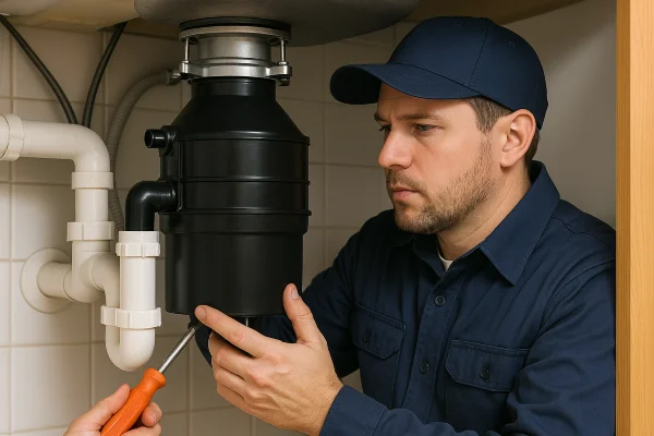 A technician working on a garbage disposal from Plumbing Lake Travis in Leander, TX - Leander TX A technician working on a garbage disposal from Plumbing Lake Travis in Leander, TX - Leander TX