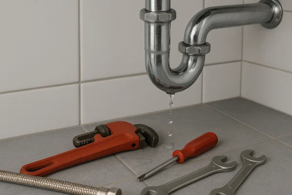 A sink water leak and plumbing tools on the floor from Plumbing Lake Travis in Leander, TX - Leander TX A sink water leak and plumbing tools on the floor from Plumbing Lake Travis in Leander, TX - Leander TX