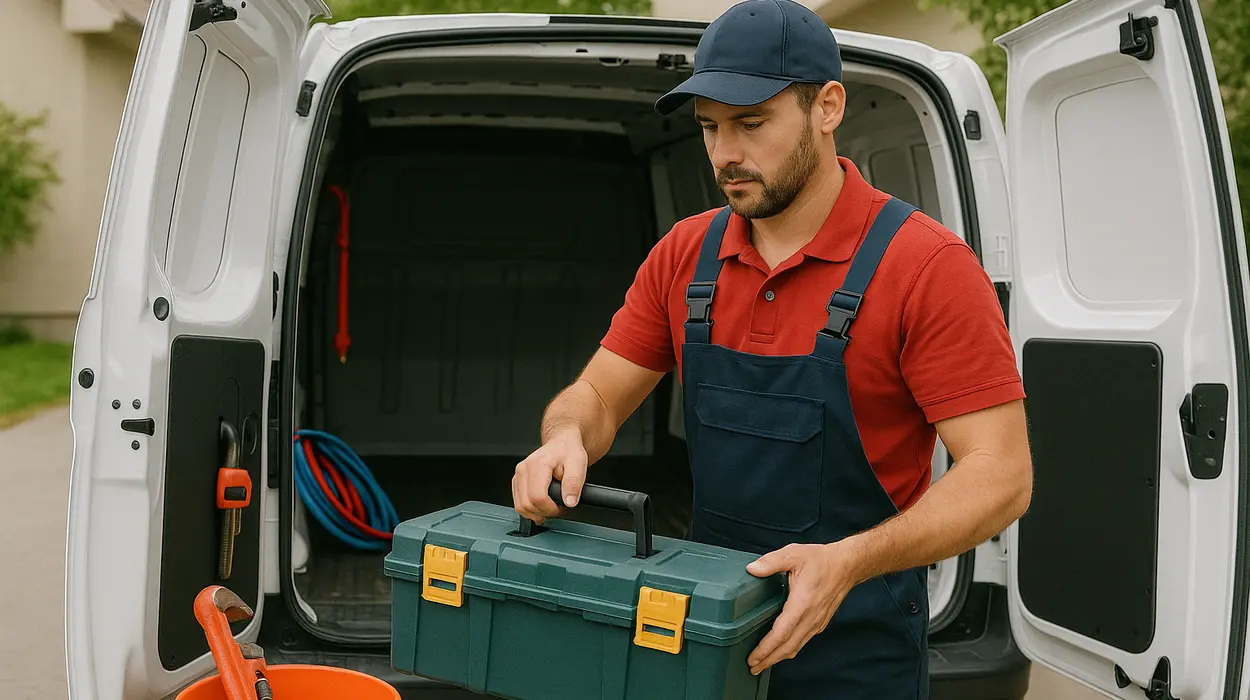 A plumbing technician putting his tool box back in his van from Plumbing Lake Travis in Pflugerville, TX - Pflugerville TX