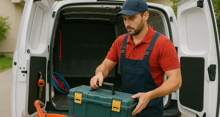 A plumbing technician putting his tool box back in his van from Plumbing Lake Travis in Pflugerville, TX - Pflugerville TX