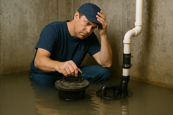 A worried plumber in a flooded room from Plumbing Lake Travis in Austin, TX - Pipe Plumbing Repairs A worried plumber in a flooded room from Plumbing Lake Travis in Austin, TX - Pipe Plumbing Repairs