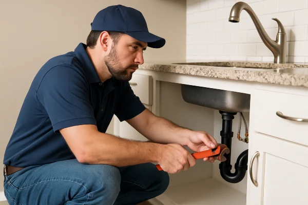 A male plumber checking a kitchen sink pipe connection from Plumbing Lake Travis in Austin, TX - Pipe Plumbing Repairs A male plumber checking a kitchen sink pipe connection from Plumbing Lake Travis in Austin, TX - Pipe Plumbing Repairs