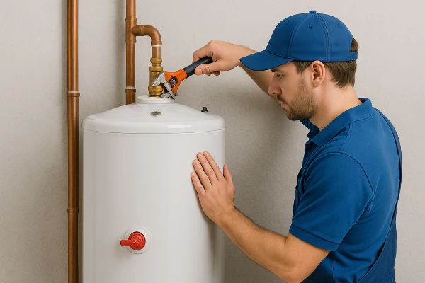 a male plumber installing a garbage disposal from Plumbing Lake Travis in Austin, TX - Residential plumbing services a male plumber installing a garbage disposal from Plumbing Lake Travis in Austin, TX - Residential plumbing services