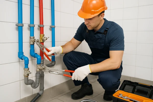A plumber working on commercial pipe connections from Plumbing Lake Travis in Austin, TX - Slab Leak Detection A plumber working on commercial pipe connections from Plumbing Lake Travis in Austin, TX - Slab Leak Detection