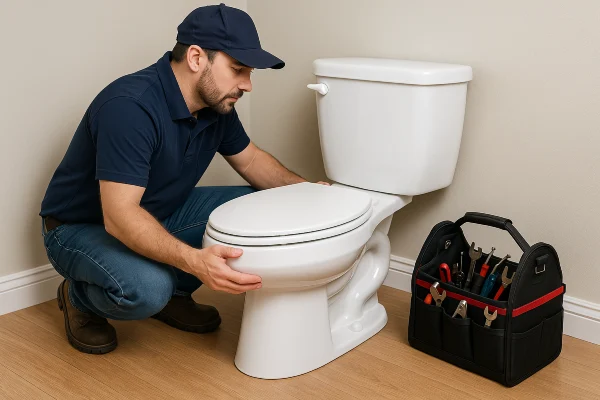 A plumber checking a toilet from Plumbing Lake Travis in Austin, TX - Tankless Water Heater Installation A plumber checking a toilet from Plumbing Lake Travis in Austin, TX - Tankless Water Heater Installation