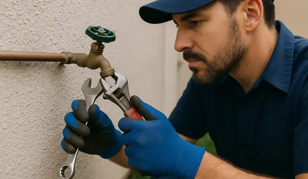 A male plumber fixing an outdoor faucet from Plumbing Lake Travis in Austin, TX - Water Softener Installation