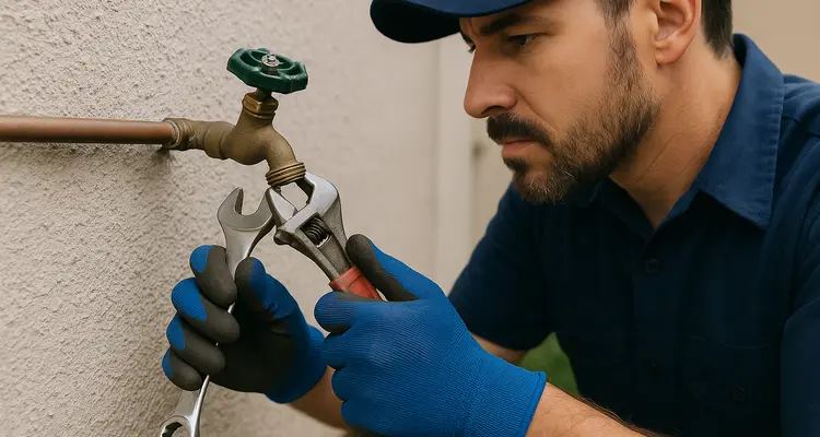 A male plumber fixing an outdoor faucet from Plumbing Lake Travis in Austin, TX - Water Softener Installation