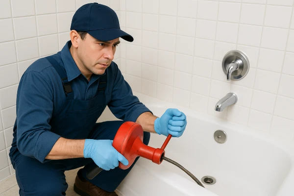 A plumber running a snake to clear a bathtub drain from Plumbing Lake Travis in Austin, TX - Water Softener Installation A plumber running a snake to clear a bathtub drain from Plumbing Lake Travis in Austin, TX - Water Softener Installation