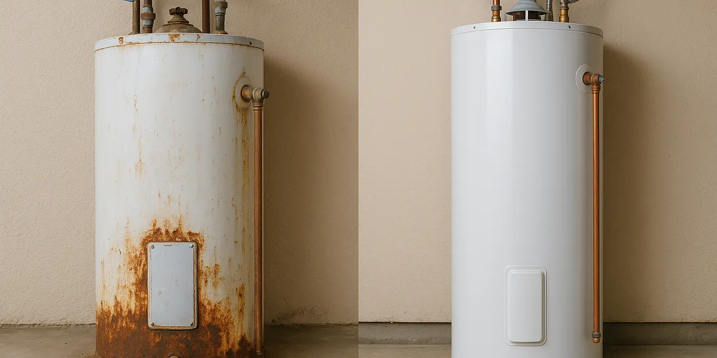 One rusted water heater next to a brand new water heater from Plumbing Lake Travis in Westlake, TX - Westlake TX One rusted water heater next to a brand new water heater from Plumbing Lake Travis in Westlake, TX - Westlake TX