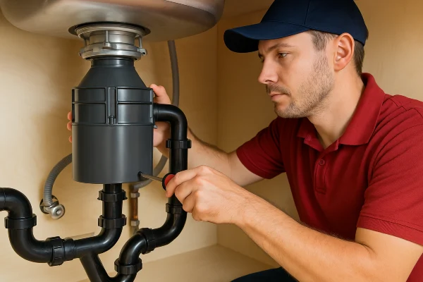 A male plumber with a screwdriver fixing a garbage diposal from Plumbing Lake Travis in Westlake, TX - Westlake TX A male plumber with a screwdriver fixing a garbage diposal from Plumbing Lake Travis in Westlake, TX - Westlake TX